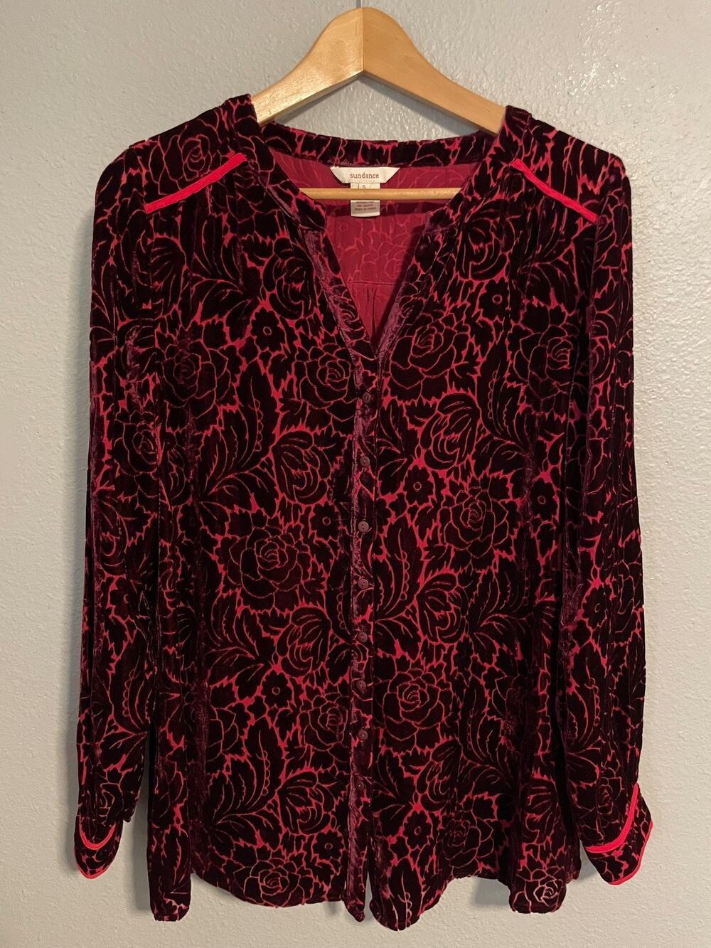 Sundance Womens Tunic Small Red Black Burnout Velvet Floral Button Up Whimsigoth